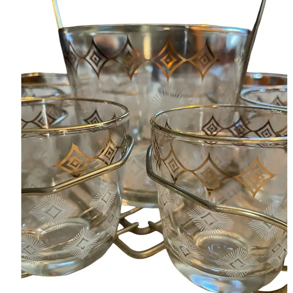 Jeannette Glass Atomic 10 Piece MCM Vintage Bar Set Glasses Ice Bucket Carrier